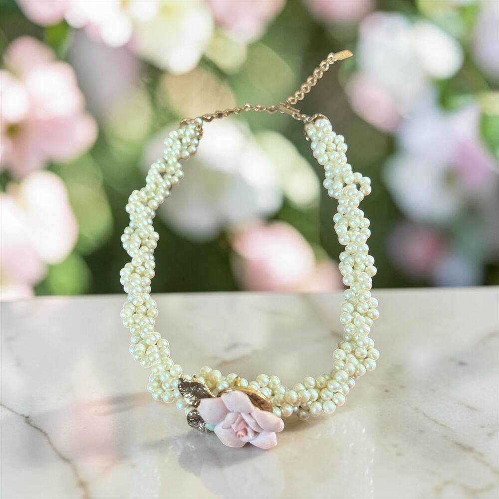 1928 Pink Rose Pearl Choker Romantic Cottagecore Bridal Statement Necklace